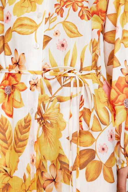 فستان من الكتان بتصميم قميص منسوج بنقشة الزهور - 4