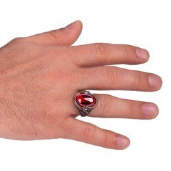 خاتم رجالي فضة مع الحجر الأحمر بنقش النسر - 2