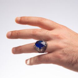 خاتم فضة عيار ٩٢٥ مع حجر زركون أزرق دائري - خواتم رجالية - 3