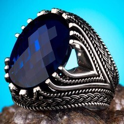 خاتم فضة عيار ٩٢٥ مع حجر زركون أزرق دائري - خواتم رجالية - 4