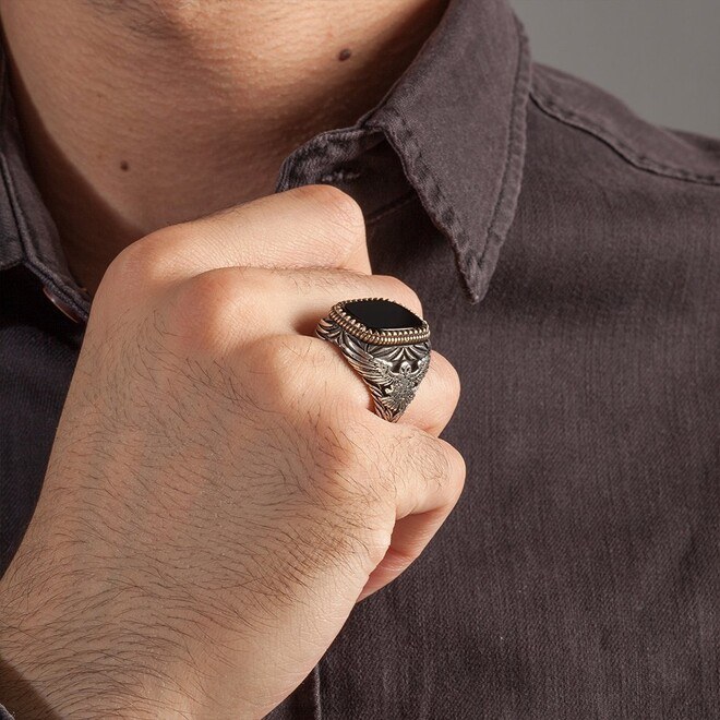 خاتم فضة رجالي مع حجر الاونيكس مع نقش نسر - 3