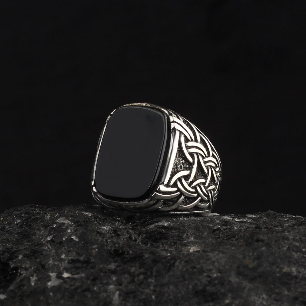 خاتم فضة رجالي مع حجر الأونيكس بتصميم مربع الشكل - 3