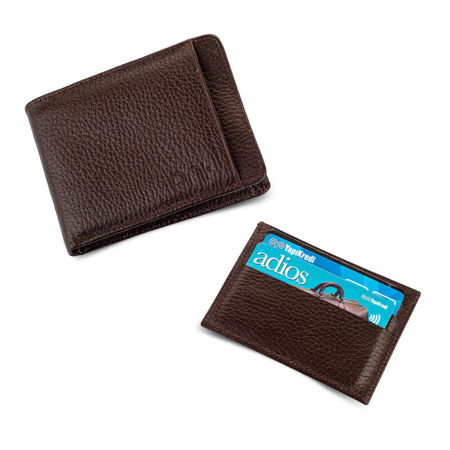 محفظة رجالية من الجلد الطبيعي مع حامل بطاقة إضافي بني - 1