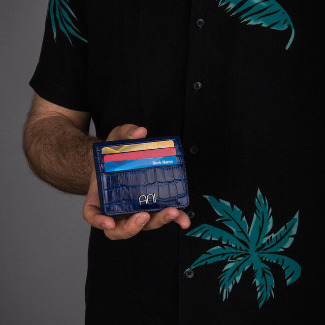 حامل بطاقات من جلد التمساح أزرق - 6