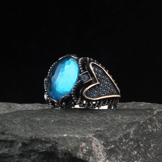 خاتم فضة مع حجر الزركون بلون أزرق - 3