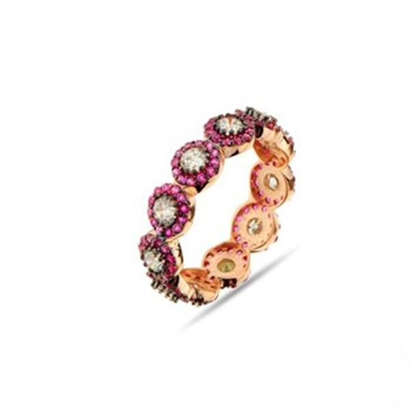 خاتم فضة نسائي بتصميم زهور مع أحجار وردية - 1