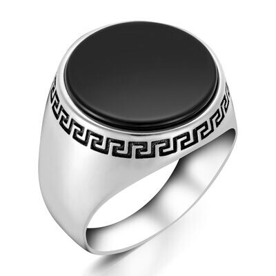 نموذج بسيط جولة خاتم الفضة الاسترليني حجر الجزع الأسود للرجال - 1