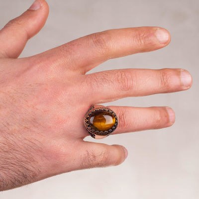 خاتم فضة رجالي مع حجر عين النمر البني قابل للتخصيص - 3