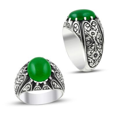 خاتم فضة رجالي مع حجر الكهرمان الأخضر من أرضرورم - 1
