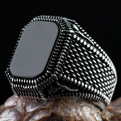خاتم فضة رجالي مع حجر الأونيكس الأسود بشكل مستطيل - 2
