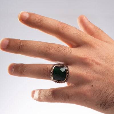 خاتم فضة عيار ٩٢٥ مع حجر زركون أخضر - خواتم رجالية - 3