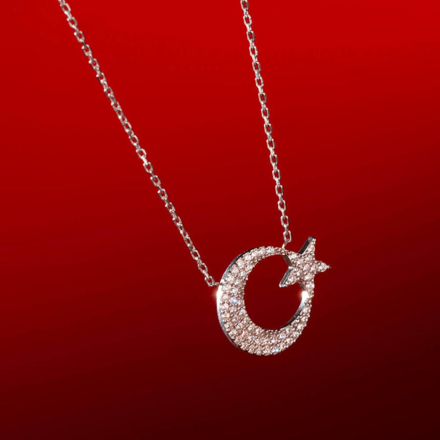 قلادة للسيدات من الفضة بتصميم رمز العلم التركي (الهلال- النجمة) - 2