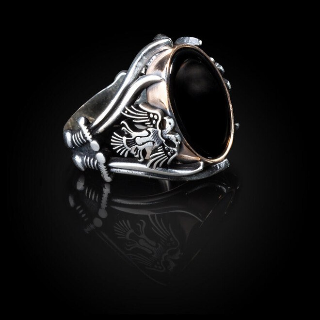 تفاصيل سيف خاتم الفضة الاسترليني حجر الجزع الأسود - 4