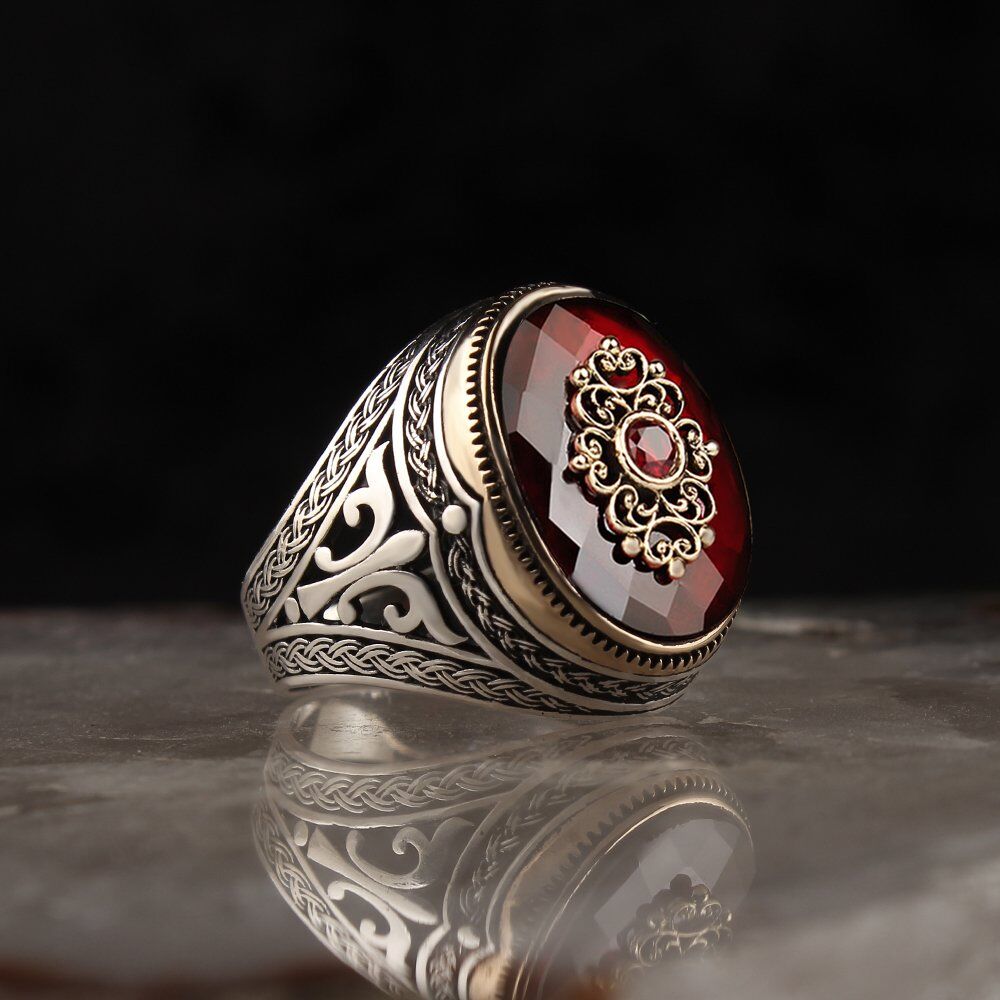 خاتم فضة رجالي مع حجر الزركون الأحمر زخارف خاصة - 1