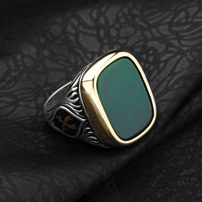 خاتم فضة إسترليني رجالي بحجر العقيق الأخضر مع رمز جانبي قابل للتغيير - 2