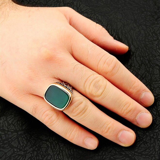 خاتم فضة إسترليني رجالي بحجر العقيق الأخضر مع رمز جانبي قابل للتغيير - 3