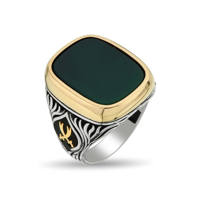 خاتم فضة إسترليني رجالي بحجر العقيق الأخضر مع رمز جانبي قابل للتغيير - 1