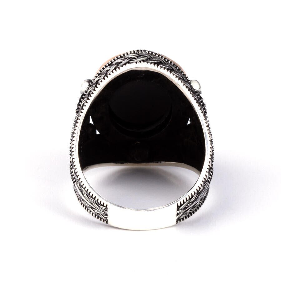 خاتم فضة استرليني للرجال على شكل نسر برأسين بحجر الزركون الأسود - 3