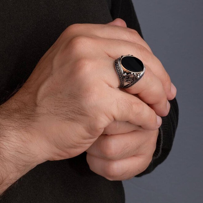 خاتم فضة استرليني للرجال على شكل نسر برأسين بحجر الزركون الأسود - 4