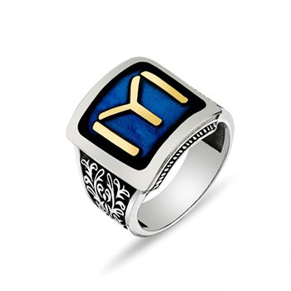 خاتم فضة استرليني رجالي مربع الشكل منقوش عليه علم قيامة قبيلة كايا - 1