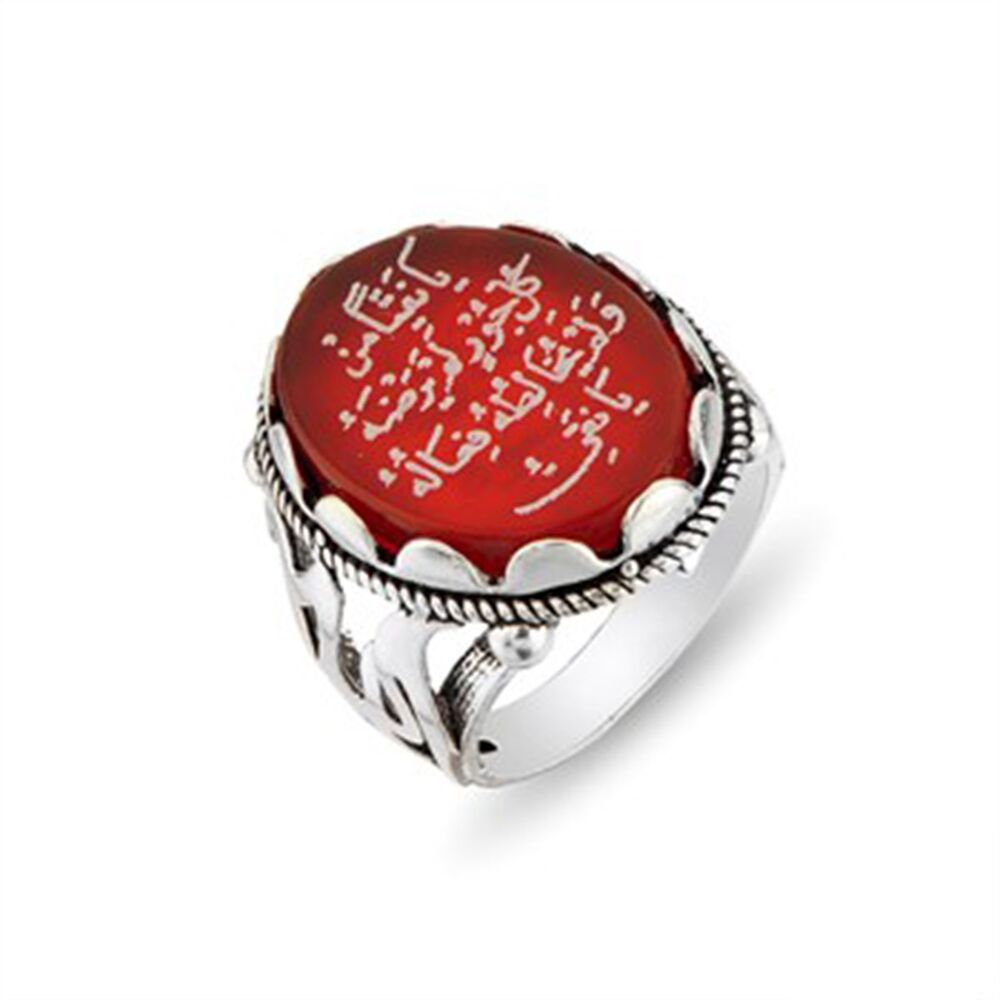  خاتم فضة إسترليني رجالي بحجر العقيق الأحمر من الأربييني الإدريسي مطبوع عليها 15 من الاسماء الشريفة - 1