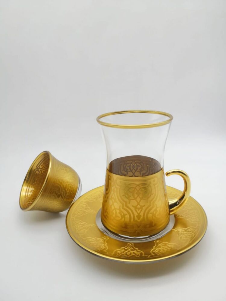 اكواب شاي شفافة مع قاعدة ذهبية 18 قطعة - 1