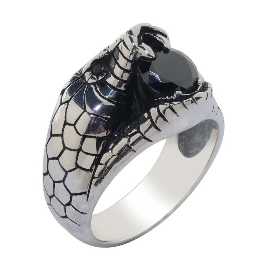 3D Men's Silver Ring With Snake Design With Black Zircon Stone