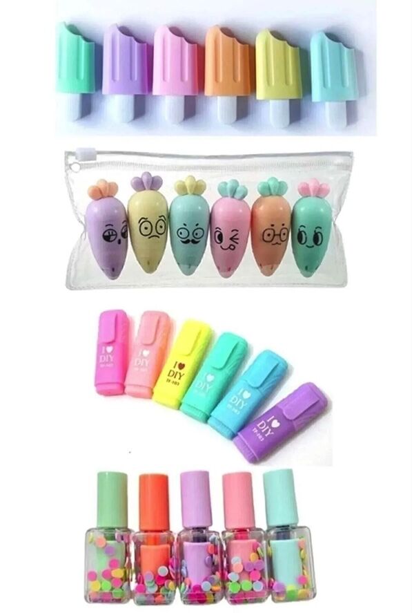 4 sets of cute highlighters in the shape of (ice cream, cute carrots, mini pens, nail polish) - 1