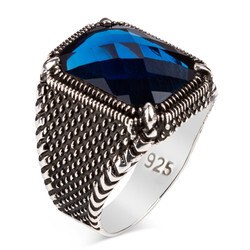 خاتم فضة رجالي عيار 925 بحجر الزركون الأزرق - 1