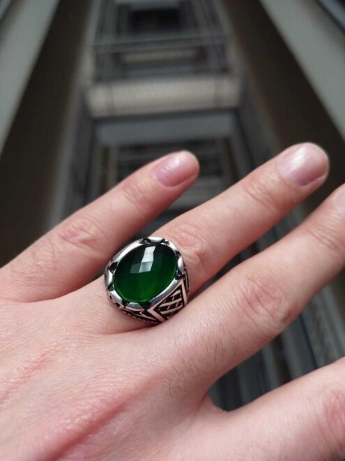 خاتم الزيركون الأخضر البيضوي فضة عيار 925 - 2
