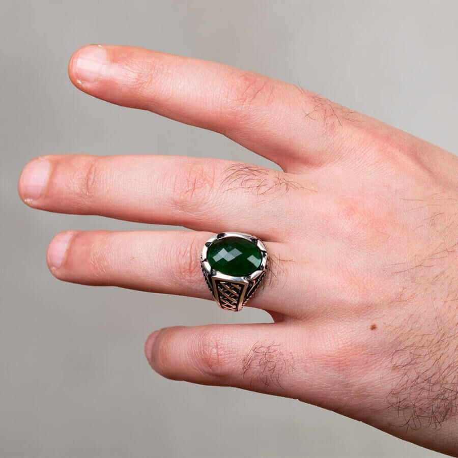 خاتم الزيركون الأخضر البيضوي فضة عيار 925 - 3