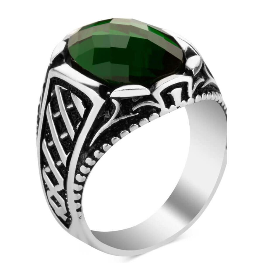 خاتم الزيركون الأخضر البيضوي فضة عيار 925 - 1
