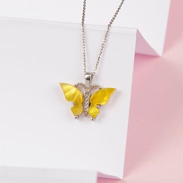 925 Ayar Gümüş Sarı Opal Taşlı Kelebek Bayan Kolye - 1