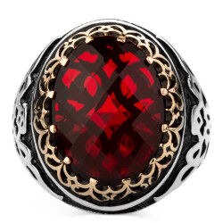 925 Silver Ring with a Red Stone - Men's Rings - 2