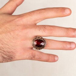 925 Silver Ring with a Red Stone - Men's Rings - 4