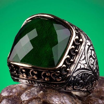 925 Silver Ring with Green Zircon Stone - Men's Rings - 2