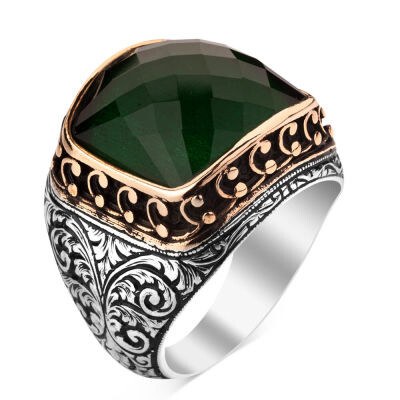 Anı Yüzük - 925 Silver Ring with Green Zircon Stone - Men's Rings