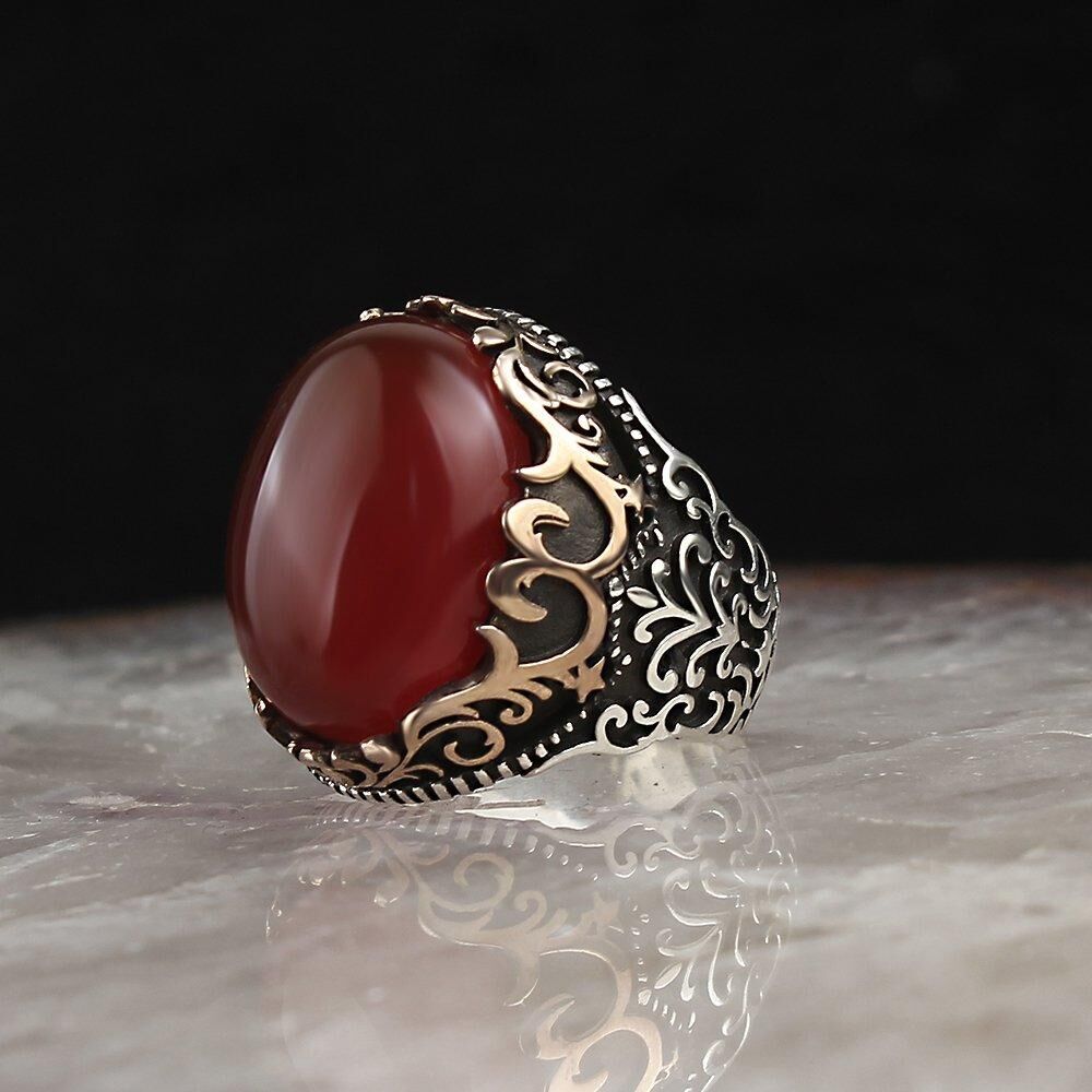925 Silver Ring with Pure Agate Stone - Men's Rings - 1