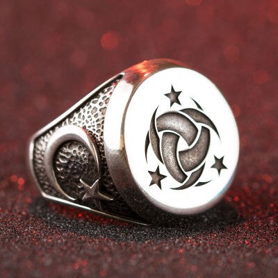 925 silver ring with three crescent symbol and wolf-Moon star - 1