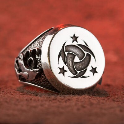 925 silver ring with three crescent symbol and wolf-Moon star - 3