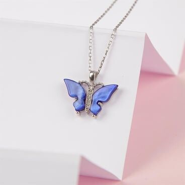 925 sterling silver butterfly Design necklace with Dark Blue opal stone - 1