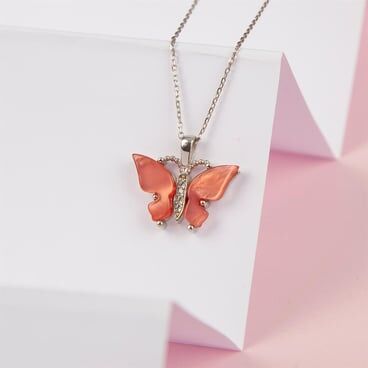 925 sterling silver butterfly Design necklace with pink opal stone - 1
