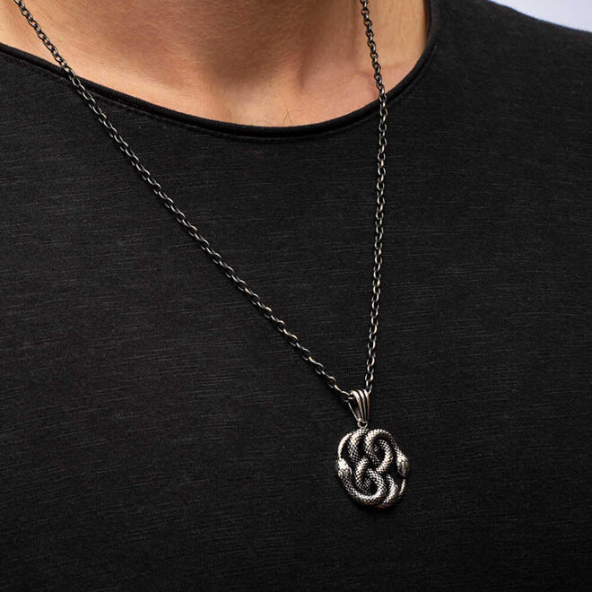 925 Sterling Silver Double Snake Motif Men's Necklace (Thick Chain) - 2