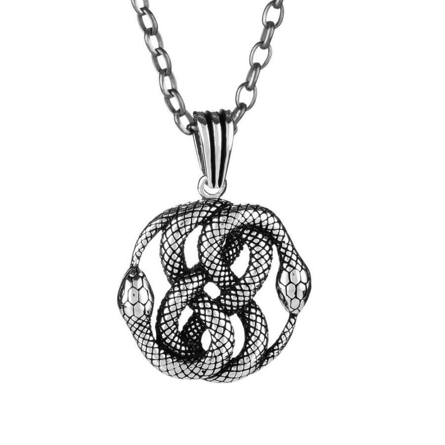 925 Sterling Silver Double Snake Motif Men's Necklace (Thick Chain) - 1