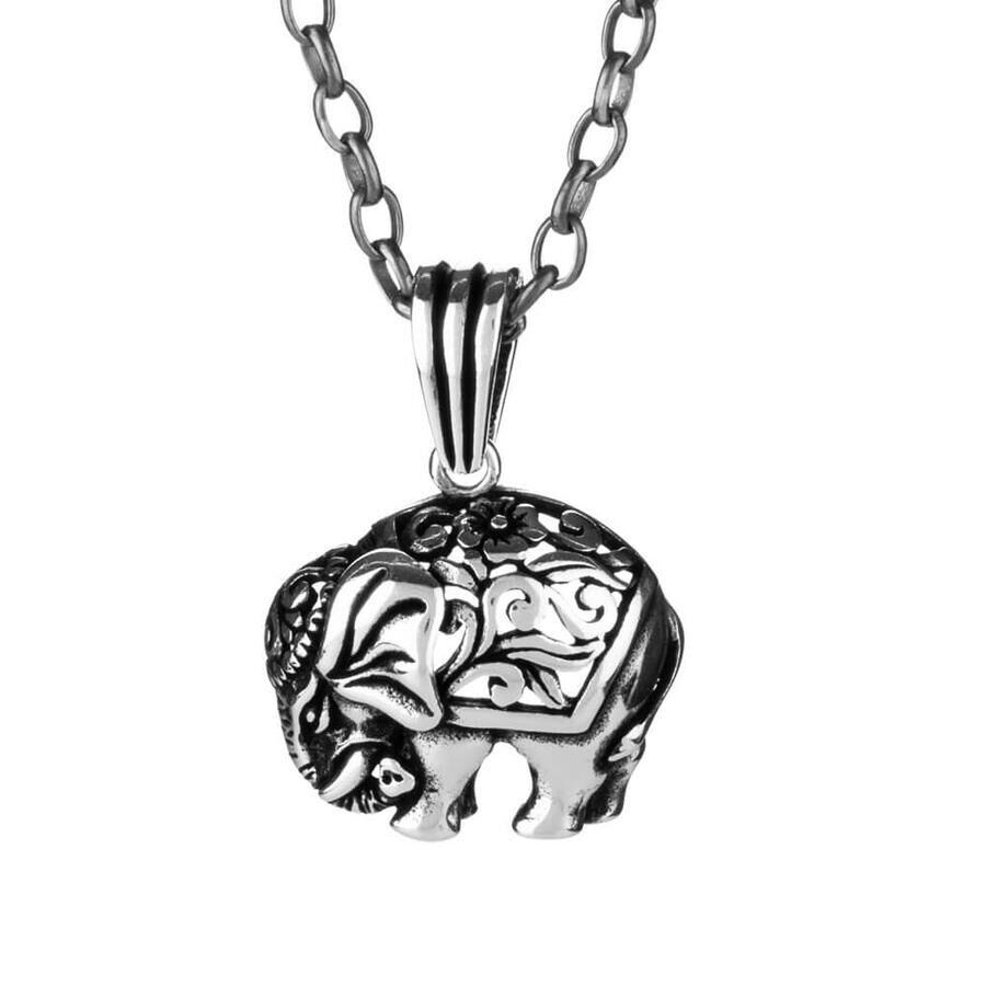 925 Sterling Silver Elephant Motif Men's Necklace (Thick Chain) - 1