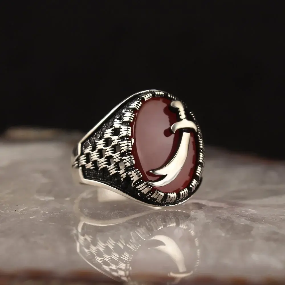 Sterling Silver Men's Ring with Sword Design and Agate Stone - 1