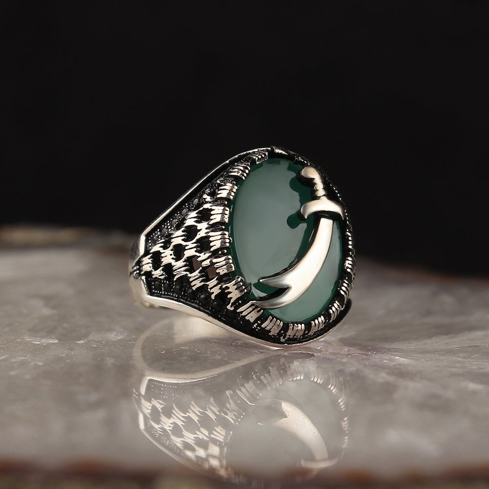 925 Sterling Silver Men's Ring with Agate Stone and Sword design - 1