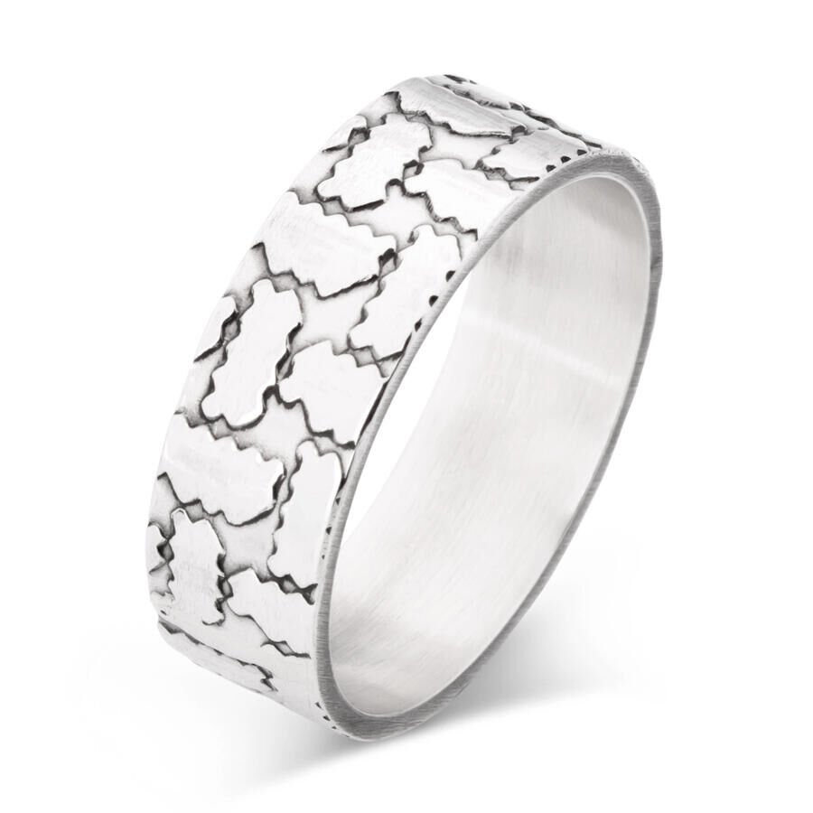 925 Sterling Silver Men's Serrated Pattern Single Wedding Band Ring - 1