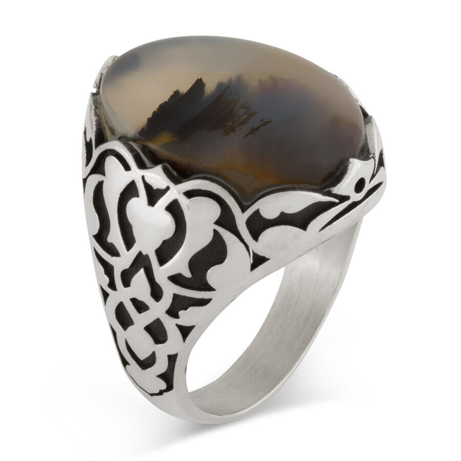 925 Sterling Silver Patterned Stone Silver Men's Ring - 1