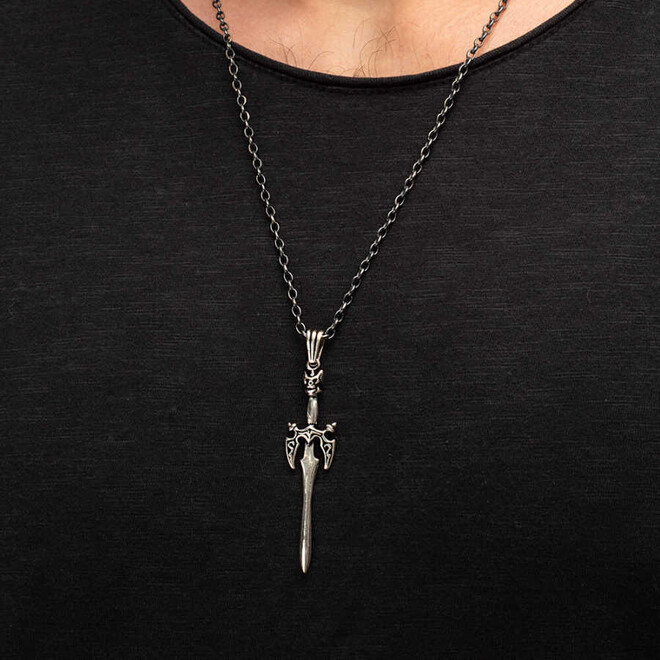 925 Sterling Silver Sword Motif Men's Necklace (Thick Chain) - 3
